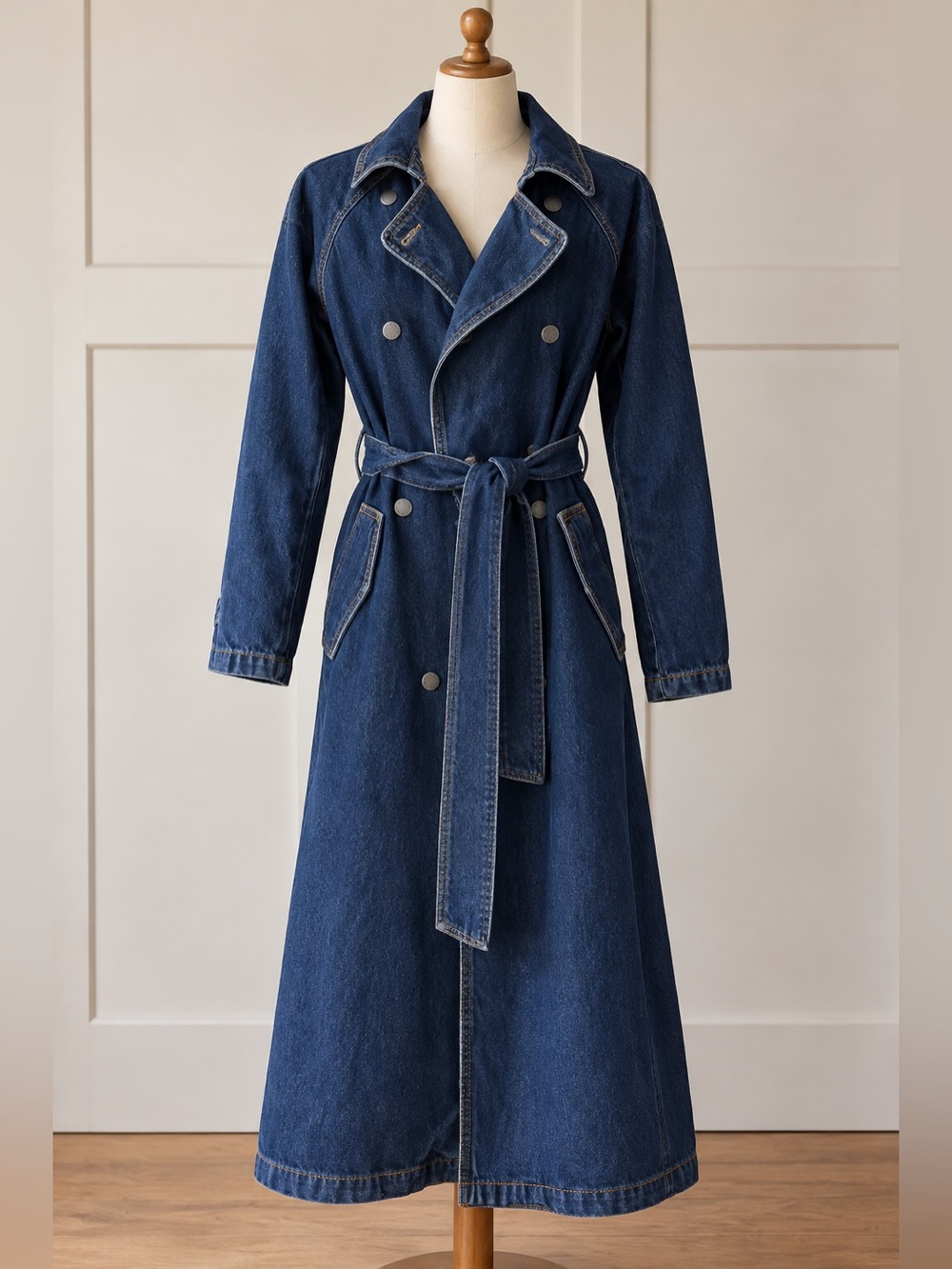 Dark Blue Denim Trench Coat with Belt